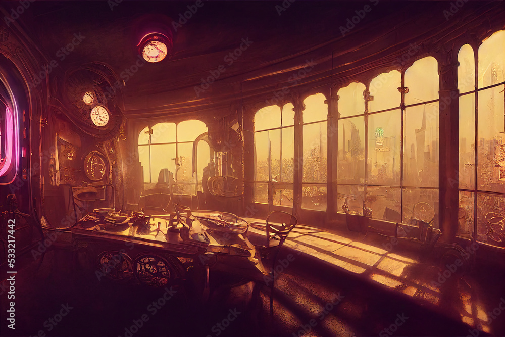 steampunk interior, cyberpunk club, fantasy retro room, fictional interior  created with generative ai Stock Illustration
