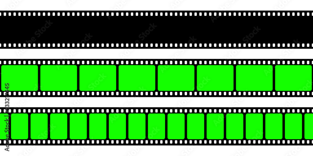 Realistic blank film strip, camera roll. Old retro cinema movie strip with green chroma key background. Analog video recording and photography. Visual effects compositing. Vector illustration