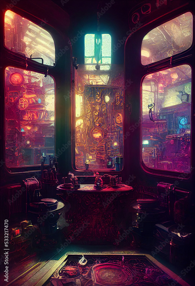 steampunk interior, cyberpunk club, fantasy retro room, fictional interior  created with generative ai Stock Illustration