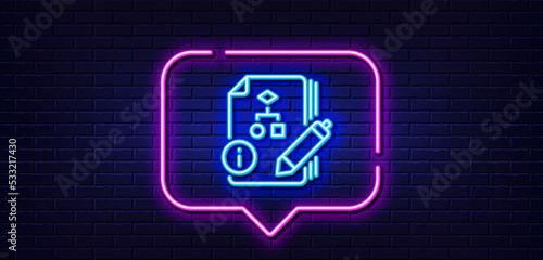 Neon light speech bubble. Documentation with algorithm line icon. Technical instruction sign. Neon light background. Algorithm glow line. Brick wall banner. Vector
