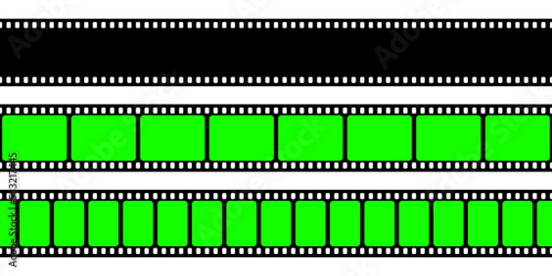 Realistic blank film strip, camera roll. Old retro cinema movie strip with green chroma key background. Analog video recording and photography. Visual effects compositing. Vector illustration