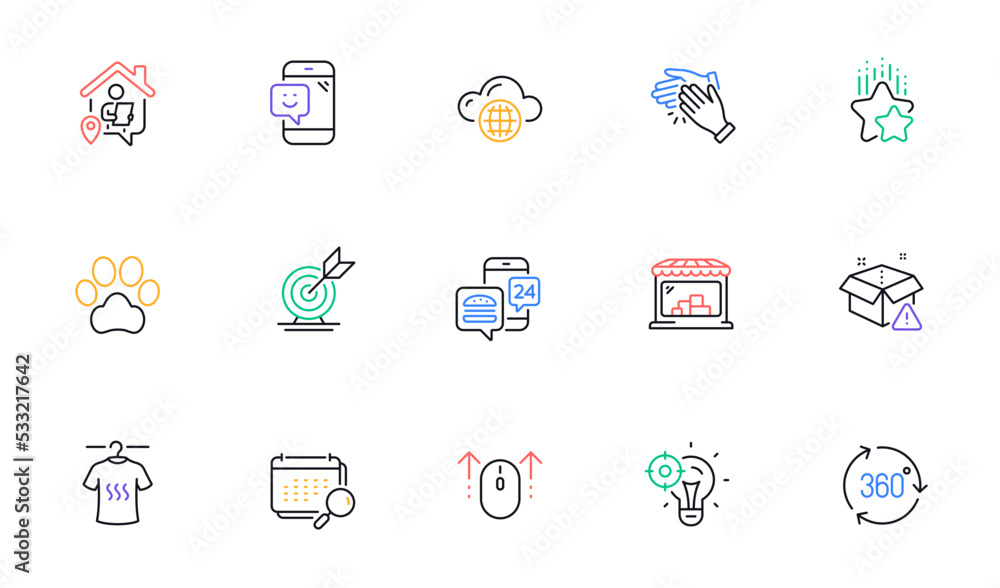 360 degree, Clapping hands and Ranking stars line icons for website, printing. Collection of Dog paw, Swipe up, Calendar icons. Market, Work home, Dry t-shirt web elements. Seo idea. Vector 360 degree, Clapping hands and Ranking stars line icons for website, printing. Collection of Dog paw, Swipe up, Calendar icons. Market, Work home, Dry t-shirt web elements. Seo idea. Vector