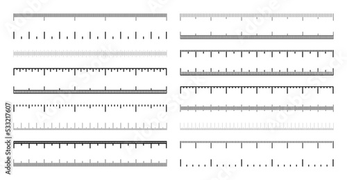 Various measurement scales with divisions. Realistic scale for measuring length or height in centimeters, millimeters or inches. Ruler, tape measure marks, size indicators. Vector illustration
