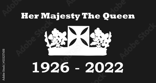 Death of Queen Elizabeth, white silhouette crown, diamond tiara on black background. photo