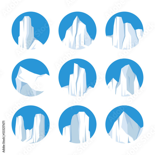 Floating icebergs collection. Drifting arctic glacier  block of frozen ocean water. Icy mountains with snow. Melting ice peak. Antarctic snowy landscape. South and North Pole. Vector illustration.