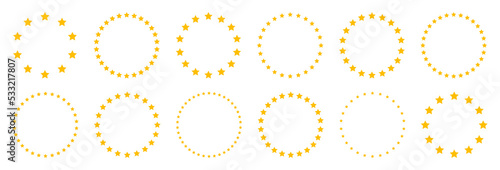Stars of various sizes arranged in a circle. Round frame, border. Yellow star shape, simple symbol. Design element, ornament. Vector illustration