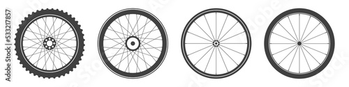 Black bicycle wheel symbols collection. Bike rubber tyre silhouettes. Fitness cycle, road and mountain bike. Vector illustration.