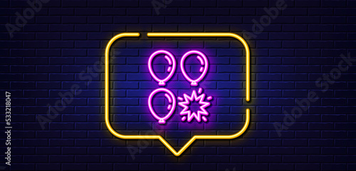 Neon light speech bubble. Balloon dart line icon. Amusement park sign. Pop the balloon symbol. Neon light background. Balloon dart glow line. Brick wall banner. Vector