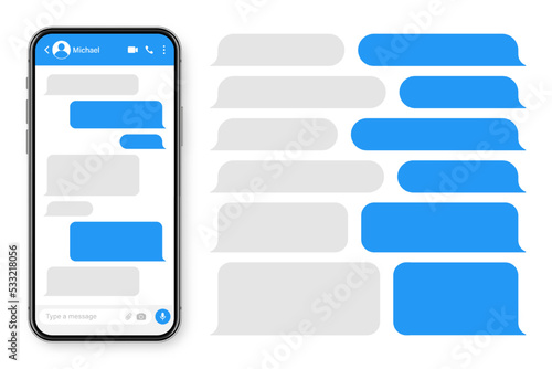 Realistic smartphone with messaging app. Blank SMS text frame. Conversation chat screen with blue message bubbles. Social media application. Vector illustration.
