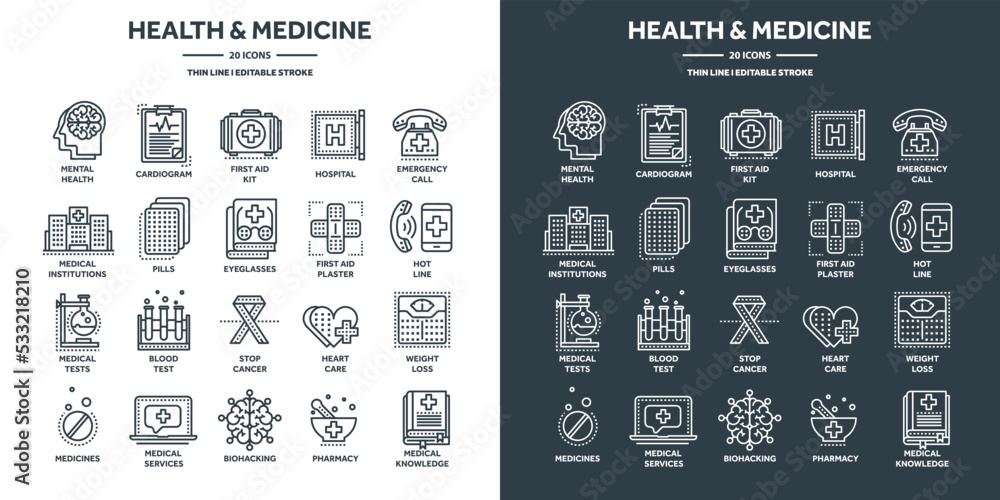 Health care and medicine, first aid. Hospital services, blood tests and diagnostic. Heart cardiogram, heartbeat. Pharmacy, pills and drugs. Thin line web icons collection. Vector illustration