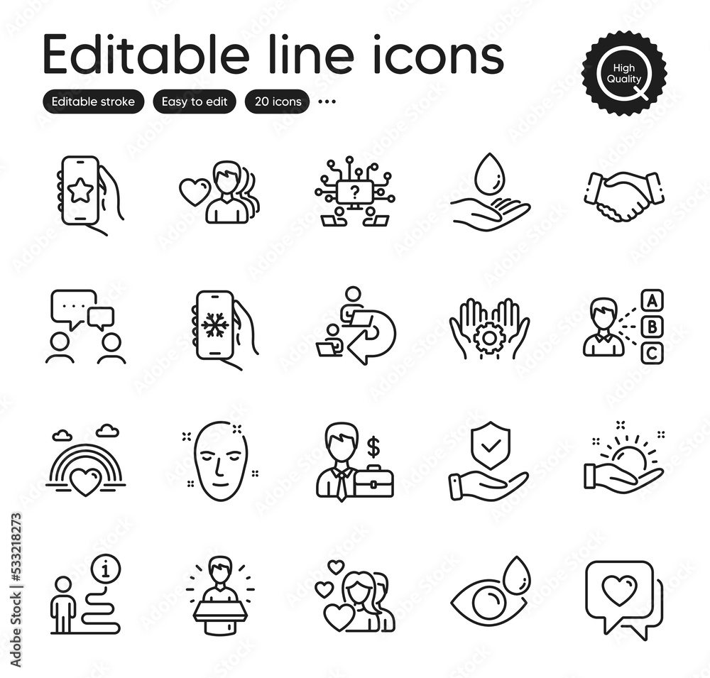 Set of People outline icons. Contains icons as Support, Man love and Businessman case elements. Brand ambassador, Favorite app, Employee hand web signs. Heart, Water care, Handshake elements. Vector Set of People outline icons. Contains icons as Support, Man love and Businessman case elements. Brand ambassador, Favorite app, Employee hand web signs. Heart, Water care, Handshake elements. Vector