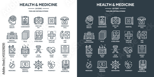 Health care and medicine, first aid. Hospital services, blood tests and diagnostic. Heart cardiogram, heartbeat. Pharmacy, pills and drugs. Thin line web icons collection. Vector illustration