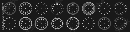 Mechanical clock faces with arabic numerals, bezel. White watch dial with minute, hour marks and numbers. Timer or stopwatch element. Blank measuring circle scale with divisions. Vector illustration