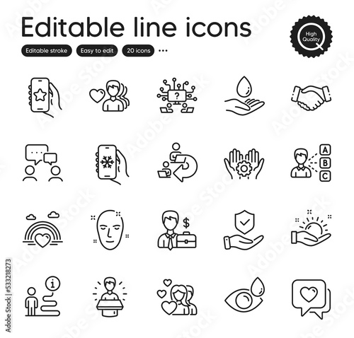 Set of People outline icons. Contains icons as Support  Man love and Businessman case elements. Brand ambassador  Favorite app  Employee hand web signs. Heart  Water care  Handshake elements. Vector