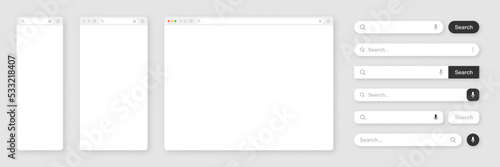 Blank internet browser window with various search bar templates. Web site engine with search box, address bar and text field. UI design, website interface elements. Vector illustration