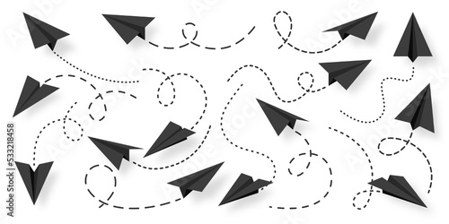 Various realistic black paper planes collection. Handmade origami aircraft with dotted doodle route line. Business concept element, project startup and goal achievement. Vector illustration