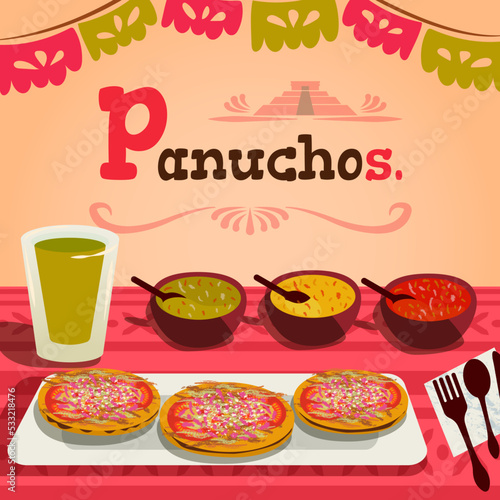Vector mesa servida con panuchos acompañados con salsas verde, de habanero y roja. Comida típica yucateca. Gastronomía mexicana.
