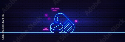 Neon light glow effect. Medical drugs line icon. Medicine pills sign. Pharmacy medication symbol. 3d line neon glow icon. Brick wall banner. Medical drugs outline. Vector