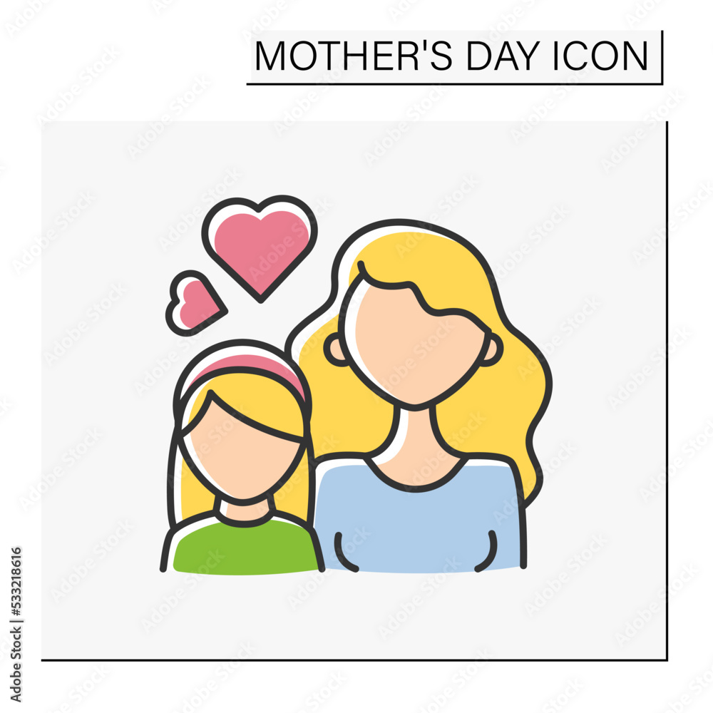 Motherhood color icon. Mom and child. Maternal bonds between mother and daughter. Love and support. Mother day concept. Isolated vector illustration Motherhood color icon. Mom and child. Maternal bonds between mother and daughter. Love and support. Mother day concept. Isolated vector illustration
