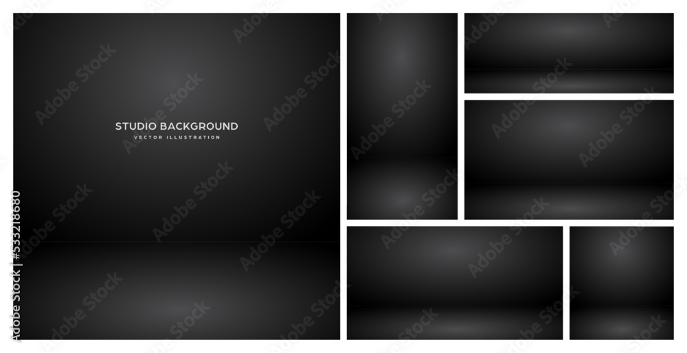 Fototapeta premium Empty black studio abstract backgrounds with spotlight effect. Product showcase backdrop. Stage lighting. Vector illustration