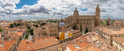 Panoramic view of the city of Salamanca with its beautiful cathedral, from the top of the Clerecía towers. photo