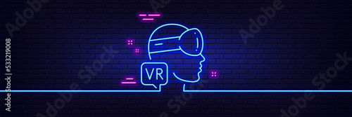Neon light glow effect. Augmented reality line icon. VR simulation sign. Gaming headset glasses symbol. 3d line neon glow icon. Brick wall banner. Augmented reality outline. Vector