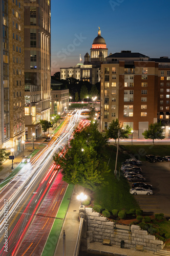 Light trails leading up a road to the state capital of Rhode Island