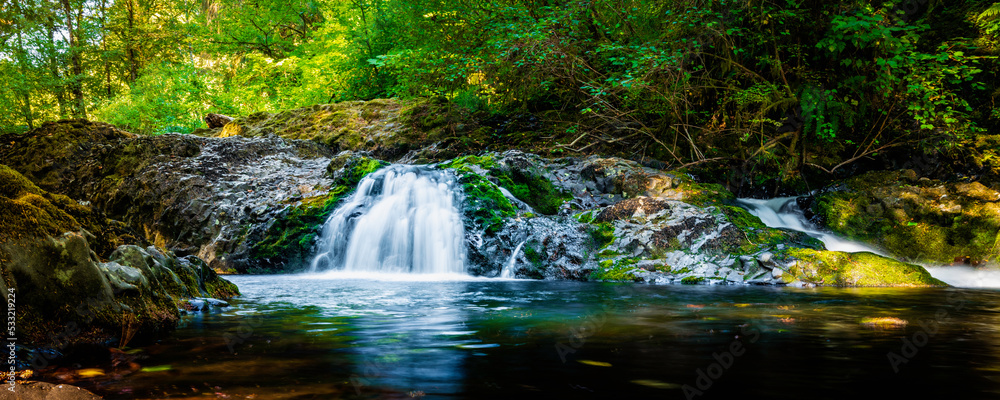 Small brook waterfalls in the Silver Falls State Park near Salem, Marion County, Oregon. Long exposure photography.