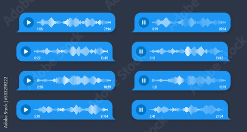 Voice, audio message, speech bubble. SMS text frame. Social media chat or messaging app conversation. Voice assistant, recorder. Sound wave pattern. Dark mode. Vector illustration