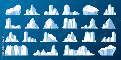 Floating icebergs collection. Drifting arctic glacier, block of frozen ocean water. Icy mountains with snow. Melting ice peak. Antarctic snowy landscape. South and North Pole. Vector illustration.
