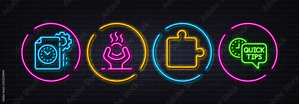 Puzzle, Project deadline and Difficult stress minimal line icons. Neon laser 3d lights. Quick tips icons. For web, application, printing. Puzzle piece, Time management, Mind anxiety. Vector Puzzle, Project deadline and Difficult stress minimal line icons. Neon laser 3d lights. Quick tips icons. For web, application, printing. Puzzle piece, Time management, Mind anxiety. Vector