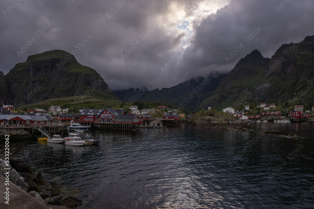 A I Lofoten, Sorvagen Norway - July 18, 2022: Beautiful scenery of A I Lofoten village and surroundings on the Lofoten Islands. Summer cloudy day. Selective focus.