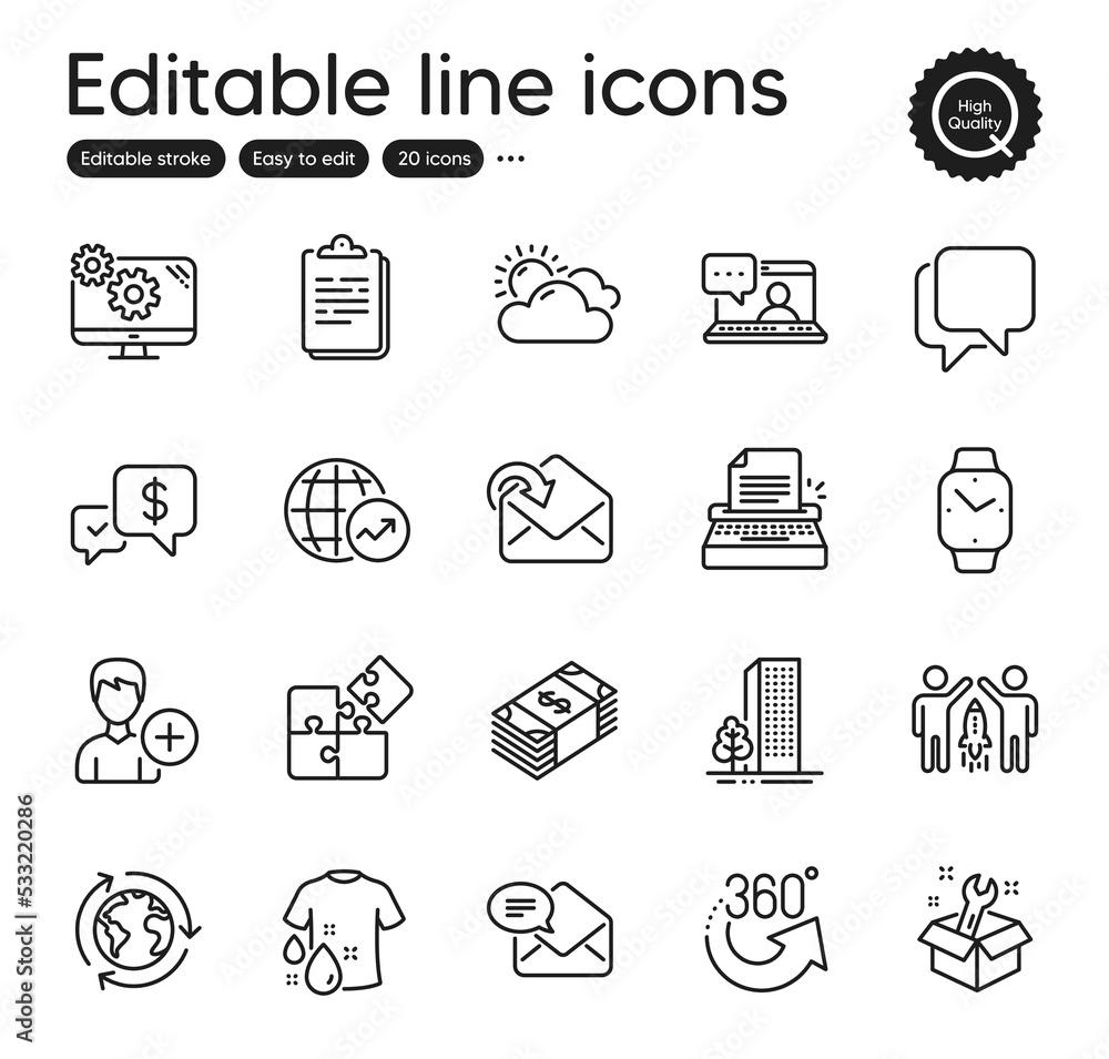 Set of Business outline icons. Contains icons as Talk bubble, Outsourcing and Settings elements. 360 degrees, Spanner, Usd currency web signs. Wash t-shirt, Receive mail, Typewriter elements. Vector Set of Business outline icons. Contains icons as Talk bubble, Outsourcing and Settings elements. 360 degrees, Spanner, Usd currency web signs. Wash t-shirt, Receive mail, Typewriter elements. Vector