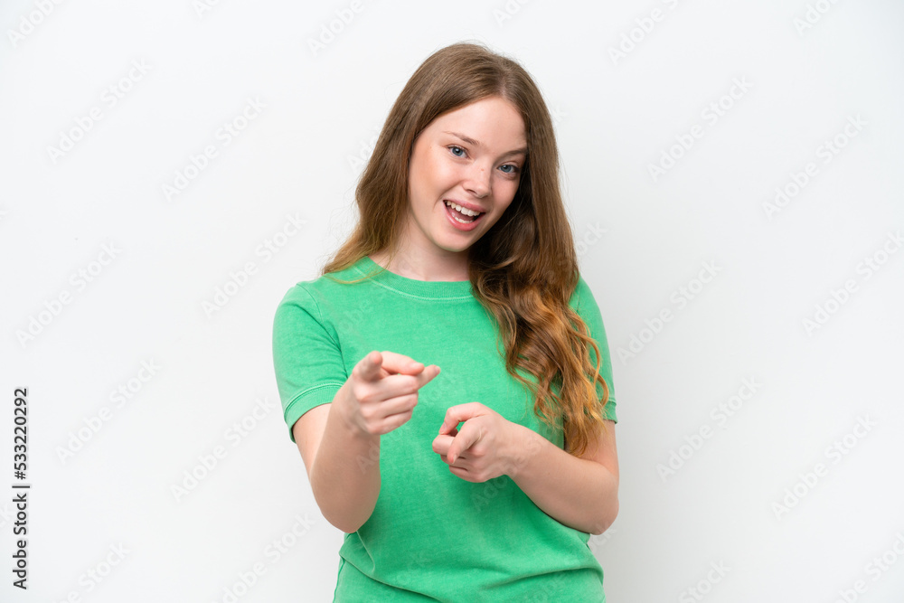 Young pretty woman isolated on white background pointing to the front and smiling Young pretty woman isolated on white background pointing to the front and smiling