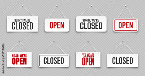 Realistic open or closed hanging signboards. Vintage door sign for cafe, restaurant, bar or retail store. Announcement banner, information signage for business or service. Vector illustration