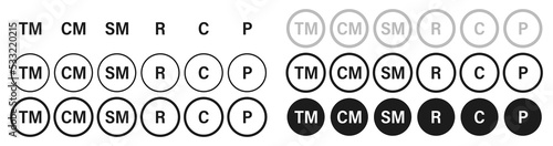 Set of Trademark copyright symbol or icons. Registered Trademark label. Intellectual Property symbol. Vector illustration.