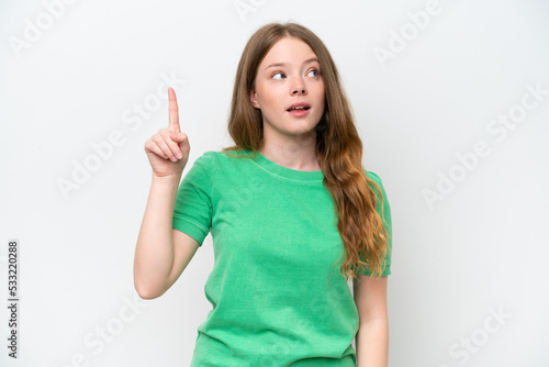 Young pretty woman isolated on white background intending to realizes the solution while lifting a finger up © luismolinero