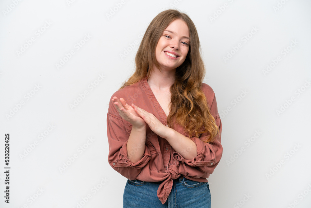 Young pretty woman isolated on white background applauding after presentation in a conference Young pretty woman isolated on white background applauding after presentation in a conference