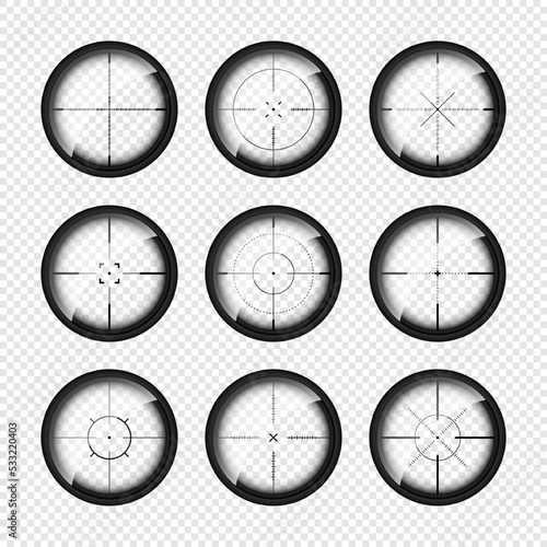 Various weapon sights, sniper rifle optical scopes. Hunting gun viewfinder with crosshair. Aim, shooting mark symbol. Military target sign, silhouette. Game interface UI element. Vector illustration