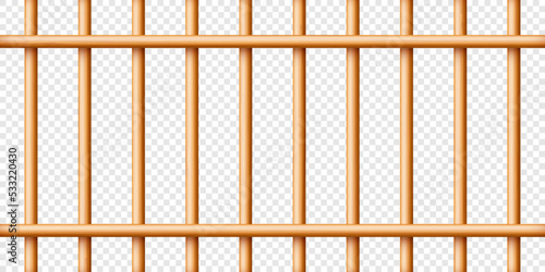 Realistic wooden lattice, rural picket fence. Farm or village house boundary, garden enclosing planks. Detailed wooden jail cage. Criminal background mockup. Creative vector illustration