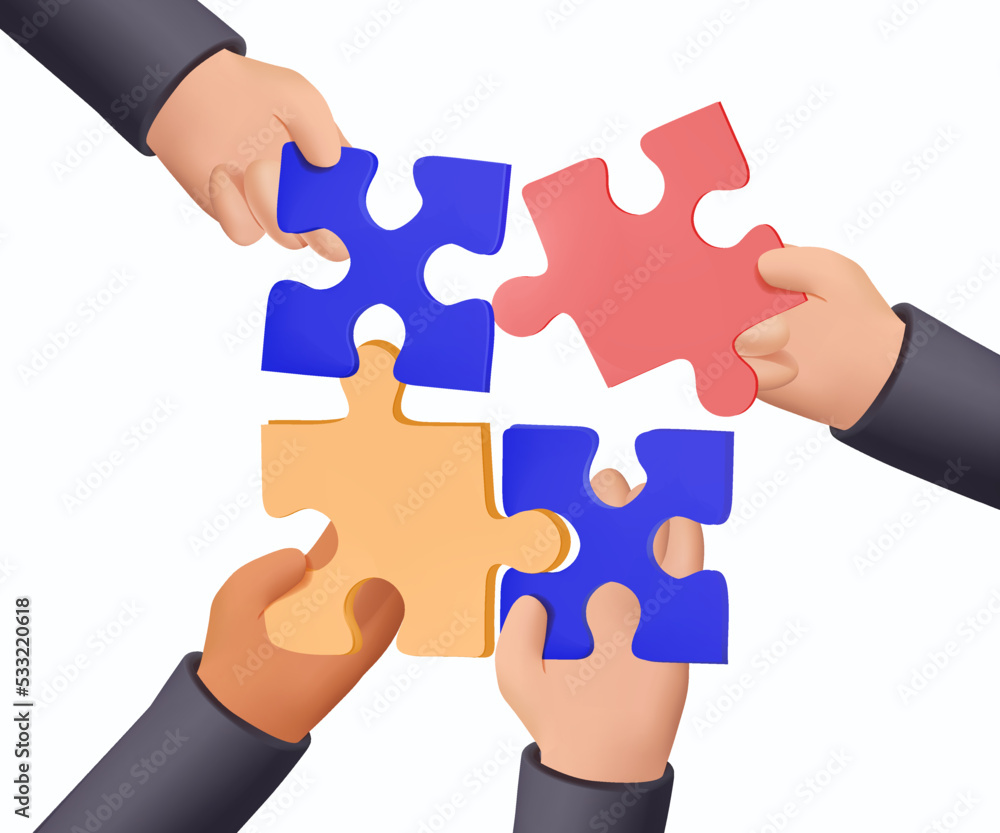 3D render vector Business concept. Team metaphor. People hands connecting puzzle elements. Vector illustration 3d render 3D render vector Business concept. Team metaphor. People hands connecting puzzle elements. Vector illustration 3d render