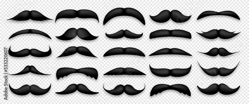 Various black mustache collection. Vintage, retro mustaches. Facial hair, hipster beard. Vector illustration