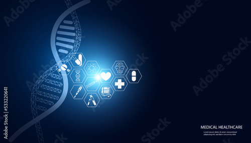 Abstract, healthcare, innovation, medical research, concept, dna, medical icon gene editing technology interface laboratory on blue background. Vector illustration.