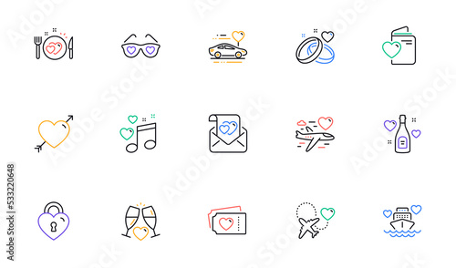 Honeymoon line icons set. Wedding car, marriage rings, love. Valentine heart, Bridal champagne icons. Couple tickets, honeymoon travel, married cruise. Wedding love music. Vector