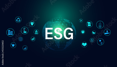 Abstract ESG Digital World High-Tech with Icon Concept Sustainable Development from Environment, Social, and Governance on a modern blue background.