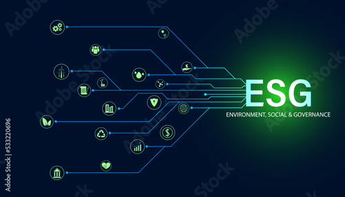Abstract ESG with icon concept sustainable corporate development Environment, Social, and Governance on a modern green background.