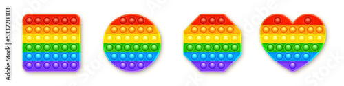 Colorful silicone anti-stress pop it toy isolated on white background. Trendy sensory game for children. Rainbow push pop fidget toy with brightly colored popping bubbles. Vector illustration