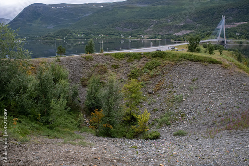 Photo Kafjord, Norway - July 26, 2022: Tirpitz remains and memorials