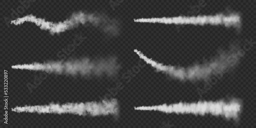 Realistic airplane condensation trails. Space rocket launch. Missile or bullet trail. Jet aircraft tracks. White smoke clouds, fog. Steam flow. Vector illustration.