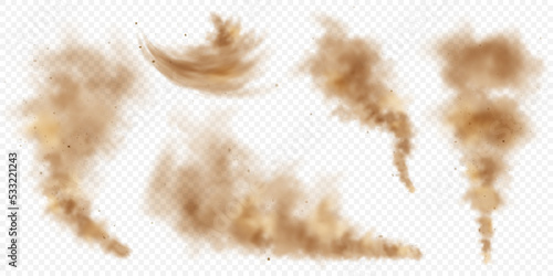 Realistic dust clouds. Road sand storm. Polluted dirty brown air with dirt particles, smog. Air, environmental pollution. Vector design element.